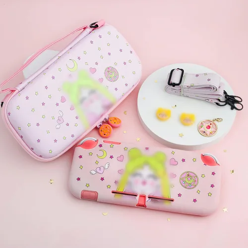 Vista 6 de Funda de transporte rosa para accesorios Nintendo Switch Lite, paquete de funda de viaje para Switch Lite con funda protectora de TPU suave, correa