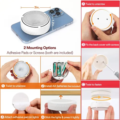 Vista 5 de TECOMLIGHT Luces de disco con control remoto, iluminación inalámbrica para debajo del gabinete, funciona con pilas, luces de empuje para cocina