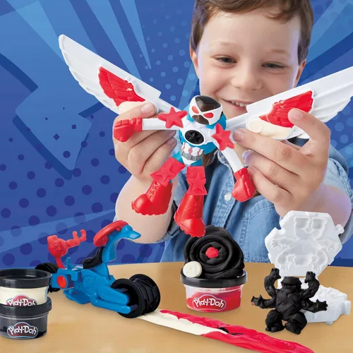 Vista 6 de Play-Doh Marvel Capitán América Moto-Cortador Set de juego con figura de acción articulable, 3 accesorios, juguetes de imaginación para niños de 4