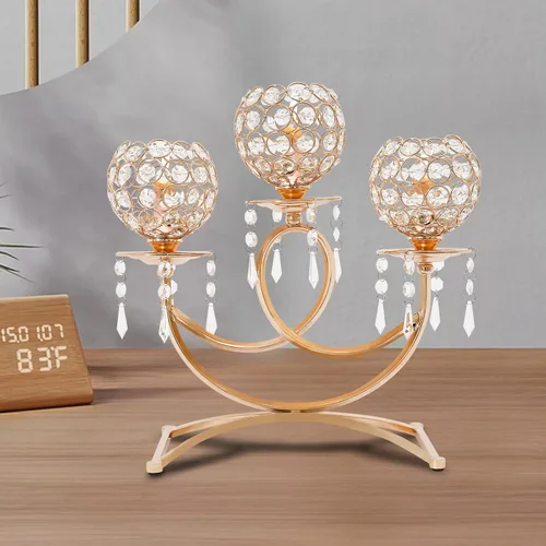 Vista 8 de Portavelas de cristal con 3 brazos, cuenco de cristal dorado, candelabro, centros de mesa para comedor, sala de estar, candelabros, velas de té