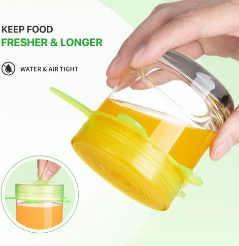 Vista 7 de Tapas elásticas de silicona para almacenamiento de alimentos en el refrigerador, paquete de 12 tapas de silicona, fundas reutilizables de silicona