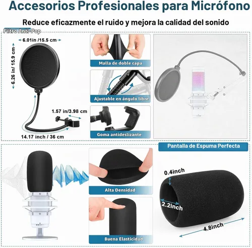 Vista 5 de Brazo de boom blanco para Hyperx Quadcast S, soporte de micrófono Hyperx Quadcast blanco ajustable compatible con Hyperx Quadcast con filtro pop