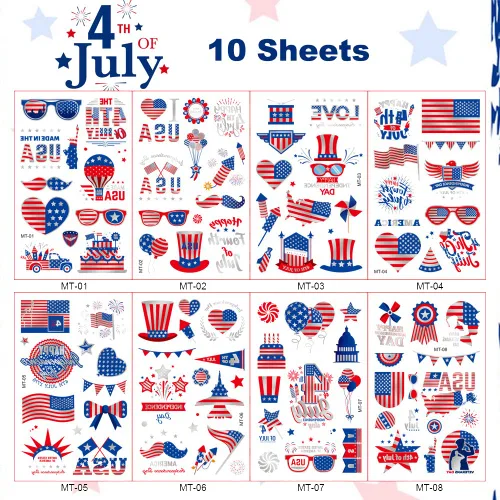 Vista 2 de Decoraciones del 4 de julio, tatuajes temporales, 8 hojas impermeables para el Día de la Independencia, tatuajes falsos adhesivos patrióticos