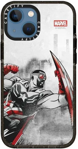 Vista 4 de CASETiFY Impact - Funda para iPhone 13 Mini [Marvel Colab / protección contra caídas de 8.2 pies/Magsafe] - Capitán América VS - Negro transparente
