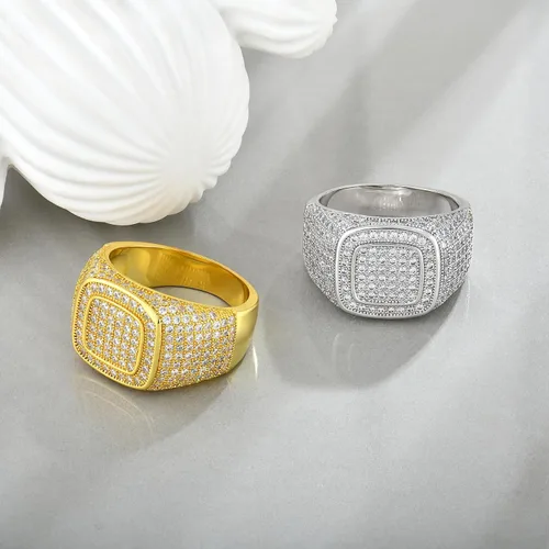 Vista 5 de Signet Rings Cluster Band Micropave Mens Bling Ring Square Crystal Zircon Little Finger Ring