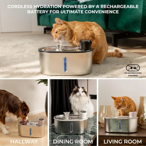 Vista 2 de Fuente de agua inalámbrica para gatos de acero inoxidable de 108 oz/3.2 L Batería de 5200 mAh, autonomía de 50 días, sensor de movimiento, ultra