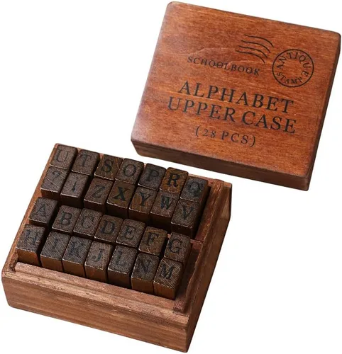 Vista 9 de DIYOMR Sellos de letras vintage, sellos de goma de madera, juego de 26 sellos del alfabeto con caja de madera roja antigua vintage para hacer