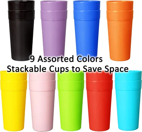 Vista 4 de Youngever Paquete de 9 vasos de plástico, vasos irrompibles, vasos de plástico en 9 colores surtidos (22 onzas)