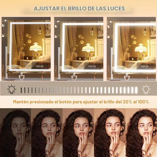 Vista 5 de Hasipu Espejo de tocador con luces y altavoz Bluetooth, espejo de maquillaje LED de 24 x 20 pulgadas, espejo iluminado con aumento de 10X, puerto