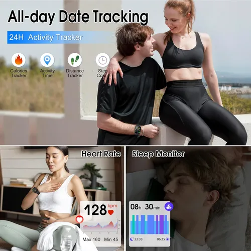 Vista 5 de Reloj inteligente para hombres y mujeres (respuesta/hacer llamadas), reloj de fitness HD de 1.85 pulgadas con monitor de frecuencia cardíaca y Negro