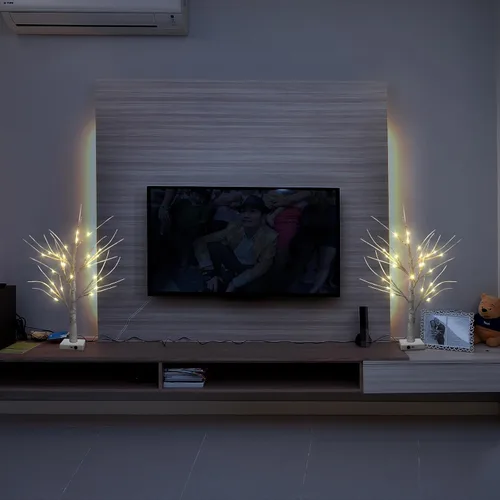 Vista 4 de Juego de 2 luces blancas cálidas para árbol de abedul, 24 luces LED parpadeantes para decoración de interiores 2pcswarm blanco