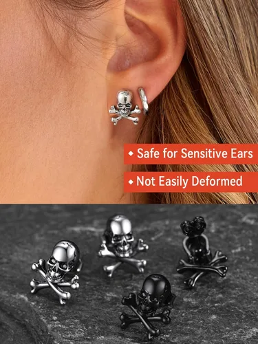 Vista 8 de FaithHeart Skull Hoop Earrings for Men SilverBlackGold Stainless Steel Huggie Hoop Earrings Lightweight Hypoallergenic Earrings for Sensitive Ears