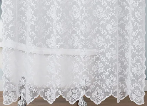 Vista 4 de ASATEX Cortina de ducha de encaje blanco. Cortina de baño de diseño floral clásico de 72 x 72 pulgadas con cenefa adjunta y borlas. Cortinas