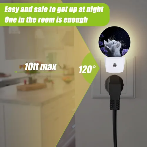 Vista 5 de Luz nocturna de gato blanco, flores moradas enchufables con sensor de atardecer a amanecer para dormitorio, baño y sala de estar, lámpara apta