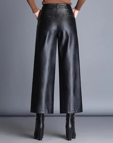Vista 3 de Lucrosun Pantalones palazzos de piel sintética de cintura alta y pierna ancha para mujer, color negro