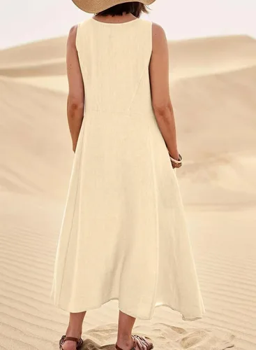 Vista 2 de Acelitt Vestido largo sin mangas con cuello redondo para mujer, holgado, con bolsillos, tallas S-XXL