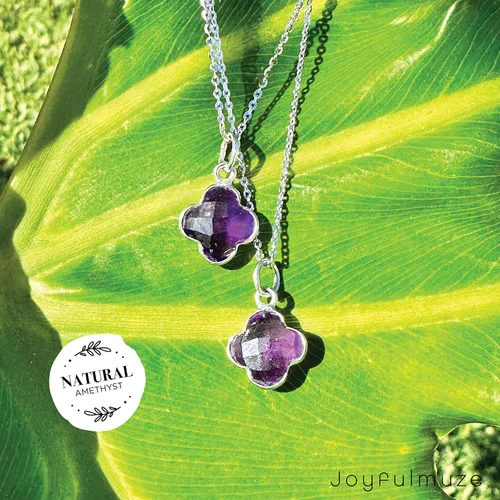 Vista 5 de Genuine Gemstone Necklace, Carved Four Leaf Clover Shape, Amethyst, Moonstone, Amazonite, Tourmaline, Labradorite, 925 Sterling Silver Jewelry