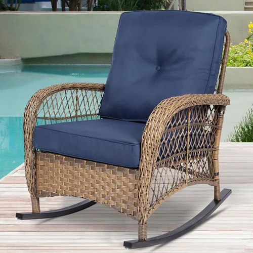 Vista 17 de Mecedora de mimbre para exteriores, silla mecedora de ratán para patio con marco de acero, silla mecedora para césped, muebles de patio, mimbre Beige