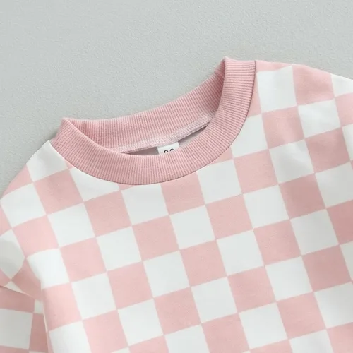 Vista 5 de Karwuiio Conjunto de sudadera de manga larga con estampado de tablero de ajedrez y pantalones, ropa de otoño