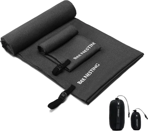 Vista 10 de Bee Nesting Toalla ultraligera de secado rápido – Paquete de 2 toallas de microfibra medianas y pequeñas con bolsillo compacto plegable para viajes