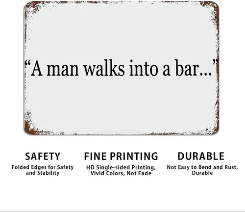 Vista 6 de Letrero divertido con texto en inglés «A Man Walks Into A Bar», arte de pared de lata de metal con refranes, decoraciones rústicas para sala