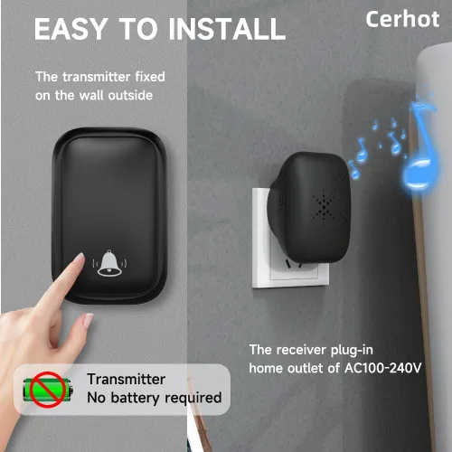 Vista 2 de Timbre inalámbrico autoalimentado con enchufe de EE. UU., sin batería, distancia de 38 canciones, timbre de puerta para exteriores, impermeable