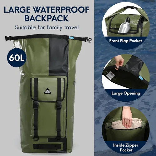 Vista 5 de Haimont Mochila enrollable 100% impermeable de gran capacidad IPX7, bolsa seca con bolsillos y válvula de aire, kayak, campamento, 60/100L