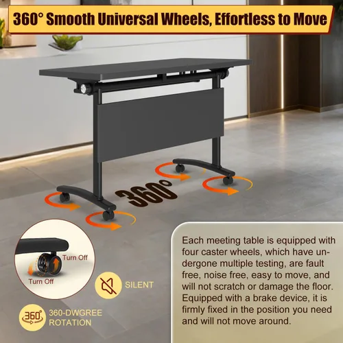 Vista 4 de Mesas plegables para sala de conferencias, mesa de entrenamiento móvil abatible con ruedas giratorias de 360°, mesa de conferencias moderna