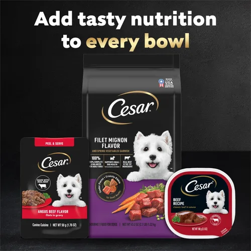 Vista 7 de Cesar Mini-Pouch - Alimento húmedo para perros, sabor a carne Angus, 1.76 onzas, 20 unidades Real beef, protein-packed, no fillers or artificial