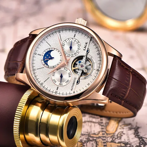 Vista 5 de LIGE Relojes mecánicos de lujo para hombre, reloj de pulsera automático de cuero blanco dorado