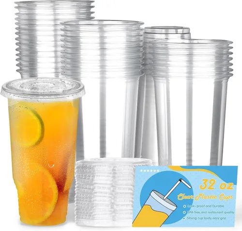 Vista 8 de Paquete de 30 vasos de plástico transparente de 32 onzas con tapas, vasos transparentes desechables de gran tamaño, popote de cubierta plana 32oz 30