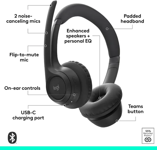 Vista 6 de Logitech Zone 305 - Auriculares inalámbricos Bluetooth con micrófono, Bluetooth nativo, para equipos de Microsoft, compatibles con Windows, Mac