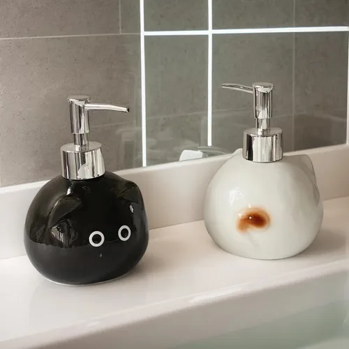 Vista 8 de Dispensador de jabón de cerámica para gatos con bomba de acero inoxidable, perfecto para jabón de platos, jabón líquido, dispensador de jabón