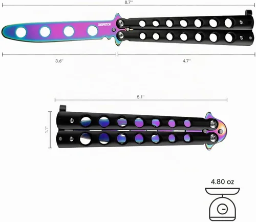 Vista 3 de Dispatch Cuchillo mariposa de entrenamiento Balisong sin afilar con hoja de acero inoxidable, mango 3Cr13 negro (con recortes) y traba