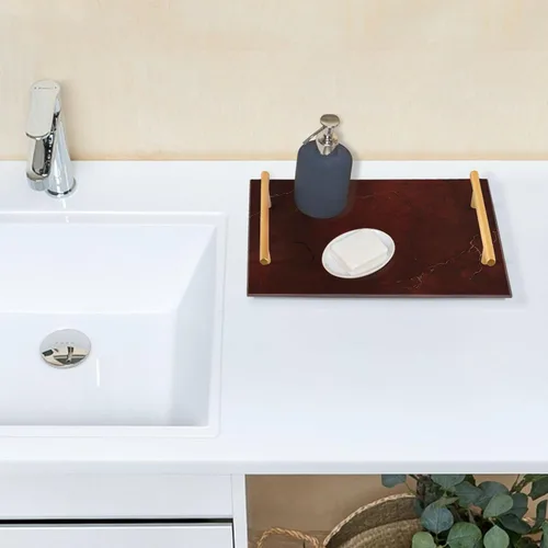 Vista 7 de Bandeja decorativa decorativa con textura de mármol de lujo de oro rojo con asas bandejas para sala de estar para joyería perfume para cocina