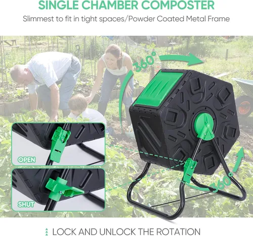 Vista 3 de Contenedor de compostaje giratorio con puertas correderas, contenedor de compostaje de una sola cámara, resistente para jardinería al aire libre