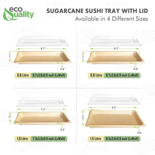 Vista 6 de Bandejas grandes compostables para sushi con tapas, contenedor de sushi natural de caña de azúcar, biodegradable, plato de sushi desechable