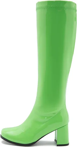 Vista 17 de LIURUIJIA Botas Gogo de mujer, hasta la rodilla, tacón ancho, punta cuadrada, estilo años 60 y 70, botas de disfraz de discoteca Blanco