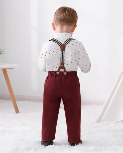 Vista 4 de DISAUR Ropa para bebé niño, camisa de vestir con corbatín y pantalones de tirantes, conjuntos de traje de caballero para boda de 1 a 6 años
