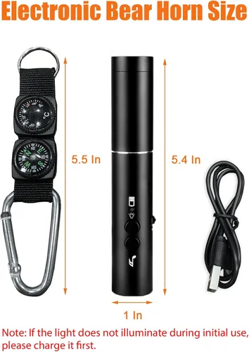 Vista 2 de Bocina de aire electrónica de 120dB con luz, brújula y termómetro - Bocina para osos para asustar a los osos - Autodefensa para senderismo, carga USB