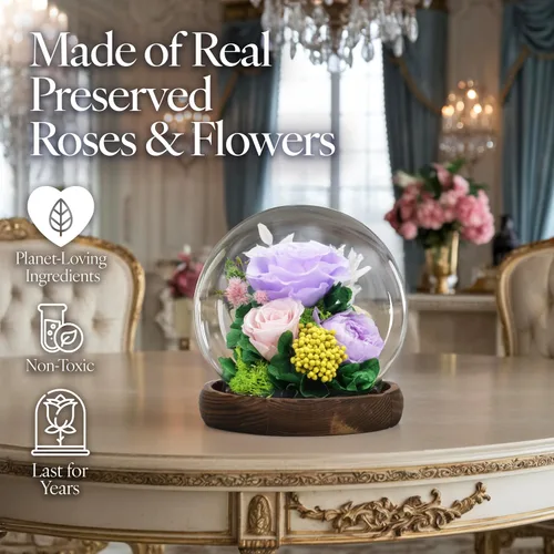 Vista 3 de GLAMOUR BOUTIQUE Mini flor preservada para árbol de Navidad en cúpula de cristal con luz, decoración de mesa de Navidad Flowers Forever de larga
