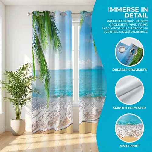 Vista 5 de Cortinas opacas de playa con hojas de palmera tropicales, 2 paneles de 84 pulgadas de largo, para dormitorio, sala de estar, guardería, 52 x 84