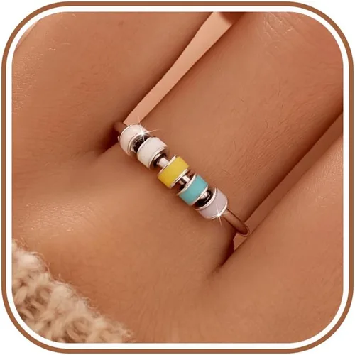 Vista 8 de LOVECOM Anillo giratorio de plata de ley 925 con cuentas esmaltadas coloridas para mujer, anillo giratorio antiansiedad, giratorio, apilable Estilo 1