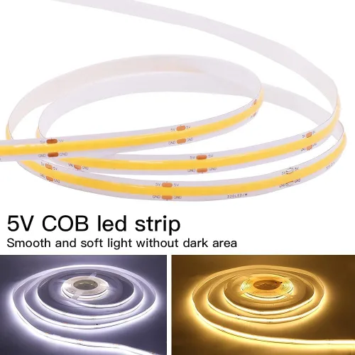 Vista 4 de COB - Tira de luces LED, 1.6 ft/1.6 pies, flexible, flexible, flexible, flexible, tira de luces LED COB DC 5V 320 LEDs/m, blanco cálido, 3000 K