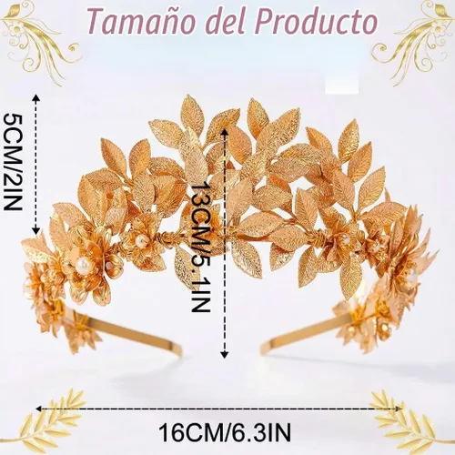 Vista 6 de Brishow Diadema de tiara de hoja dorada, corona de laurel griega con flores de perlas para mujer