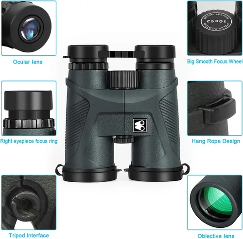 Vista 2 de Sarblue Prismáticos de 10 x 42 para adultos con adaptador de teléfono inteligente, prisma BAK4 y lente FMC, binoculares profesionales HD