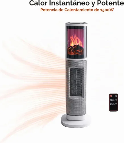 Vista 5 de Comfort Zone Calentador de espacio de torre de 25 pulgadas con efecto de llama 3D, 1500 W/1000 W, temporizador de 8 horas, oscilación de 75°