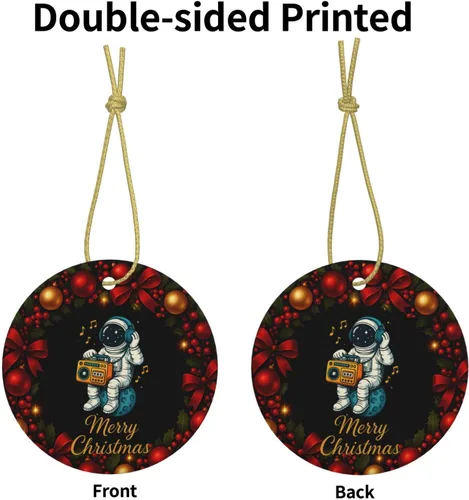 Vista 2 de Retro Astronaut with Boombox Ceramic Christmas Ornament, Double-Sided Hanging Decor