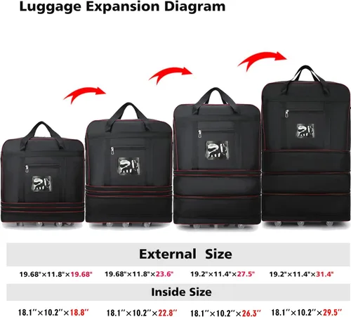 Vista 5 de ELDA Maleta plegable expandible con ruedas universales, bolsa de viaje rodante, bolsa de lona para hombres y mujeres, equipaje ligero de gran