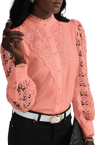 Vista 25 de Rooscier Blusa Elegante de Encaje de Crochet con Cuello Alto Simulado de Manga Larga con Botones para Mujer Top